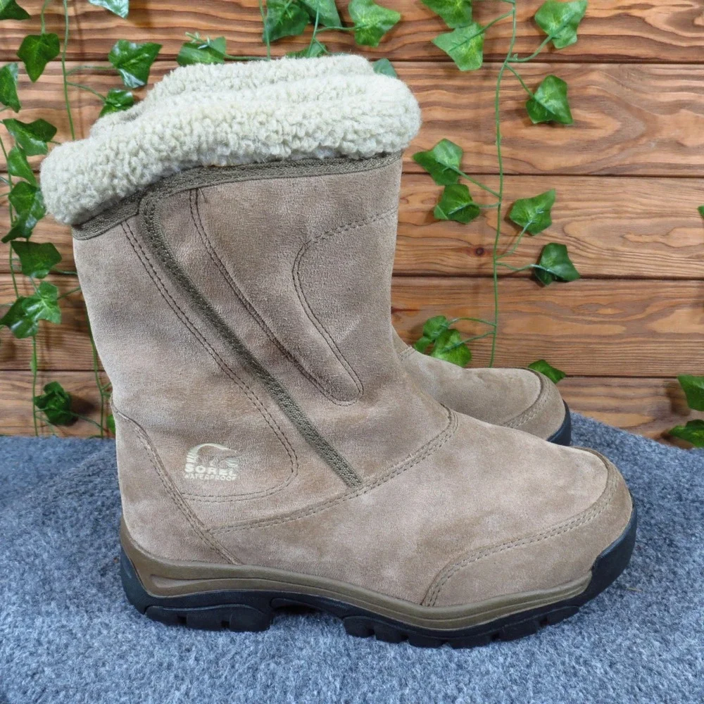 Sorel Water Fall Women Winter Boots Size 6 Waterproof Snow Tan Suede Insulated